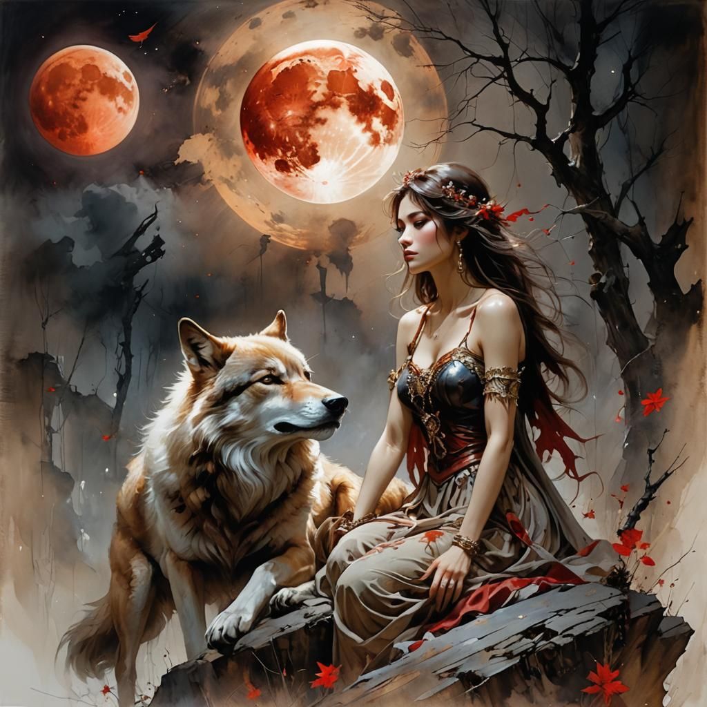 Wolf Gazing at Blood Moon in Dreamlike Style