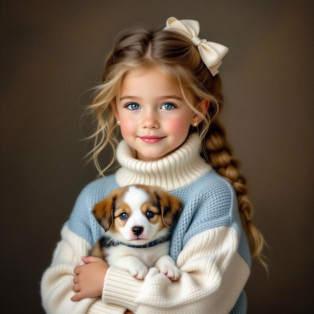 Oil Painting of a Young Girl Holding a Puppy in Vermeer Styl...