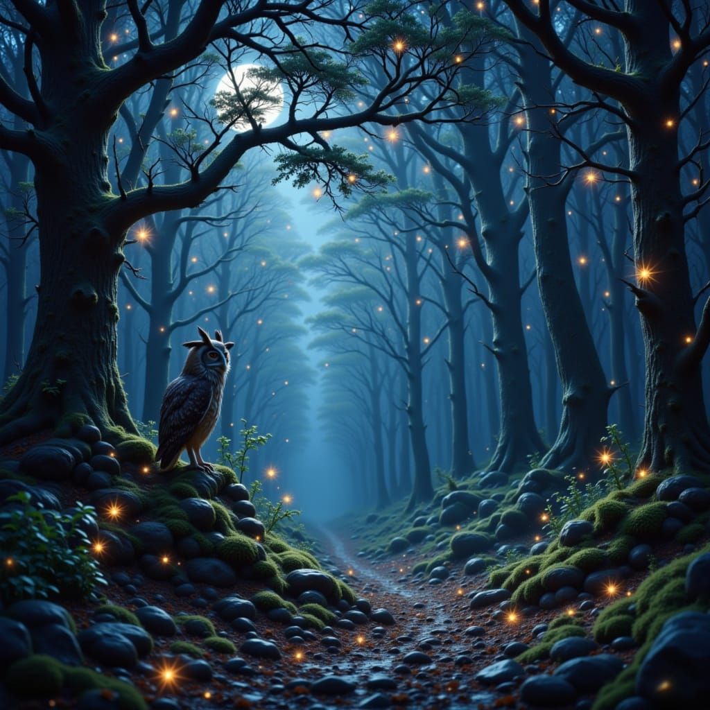 An owl in a forest at night