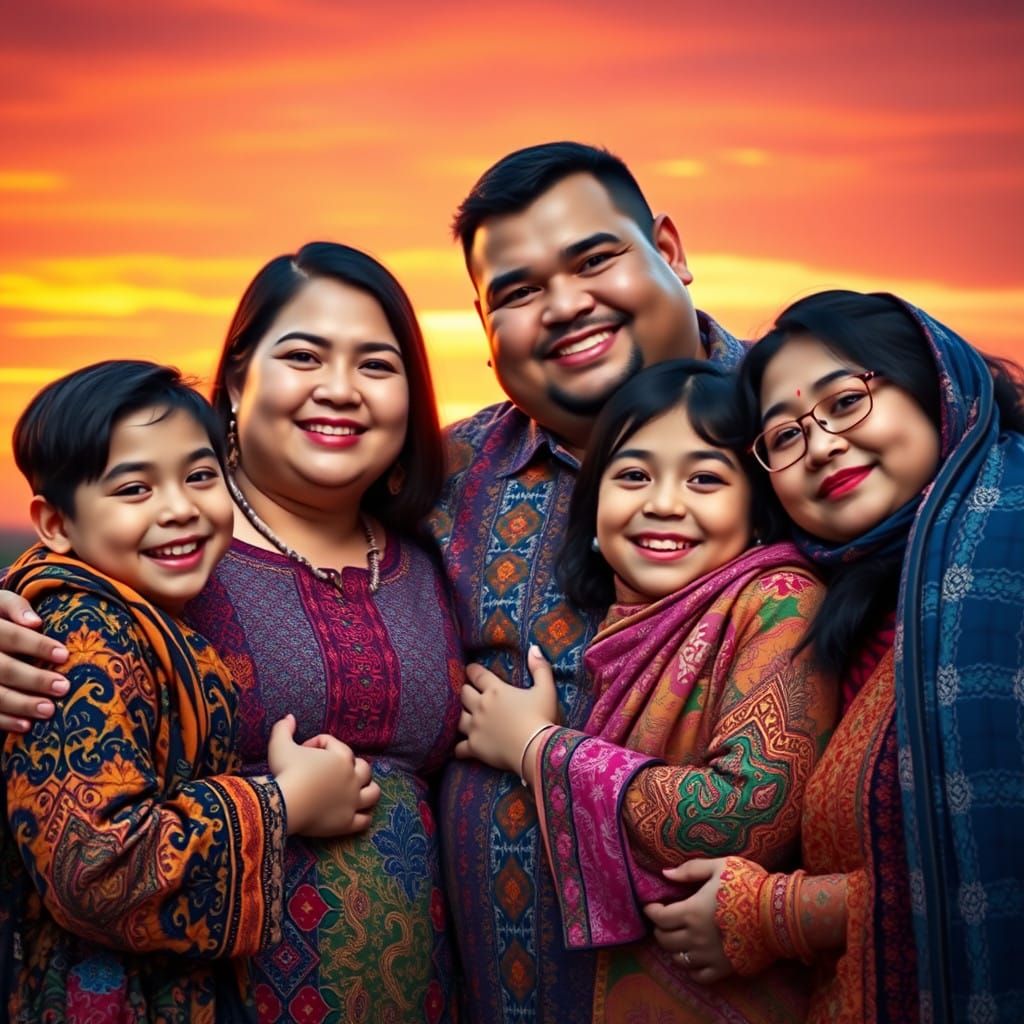 Plus-Size Family Embracing in Vibrant Sunset Colors