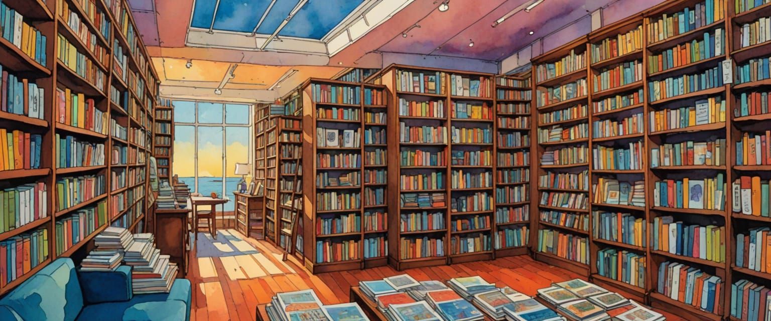 Vibrant Bookstore in Watercolor Comic Book Style