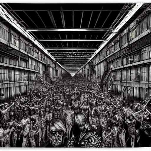 Crowded Cyberpunk Prison Inspired by Piranesi and Giger