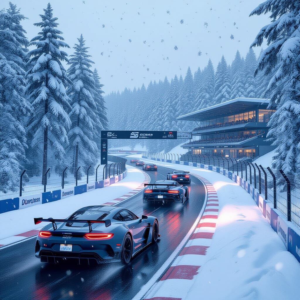 Snowy Forest Race Track with Sportscars in 8k