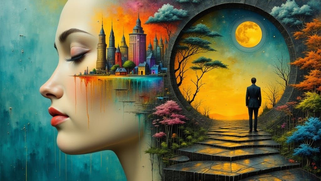Surreal Woman's Head Opens to Cityscape and Dreamscape
