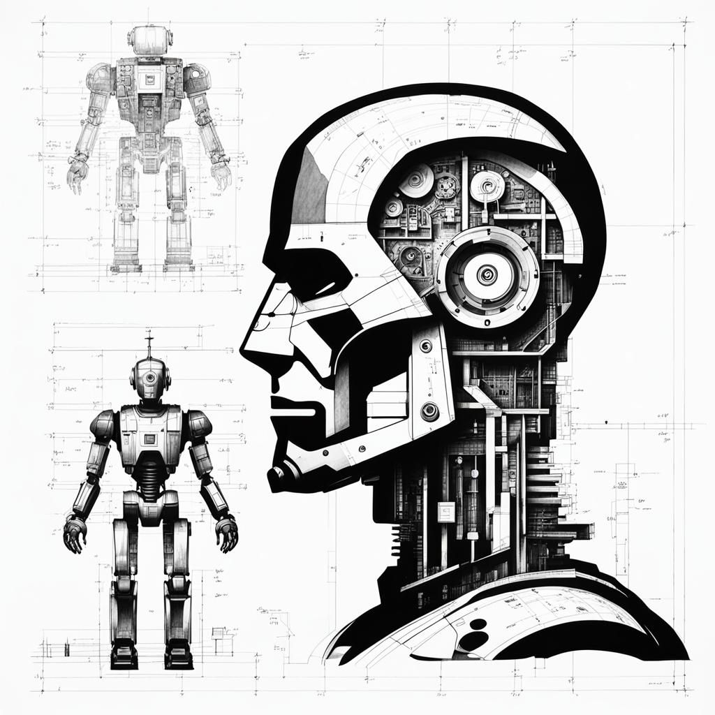 Cyborg Schematic Drawings in Black and White