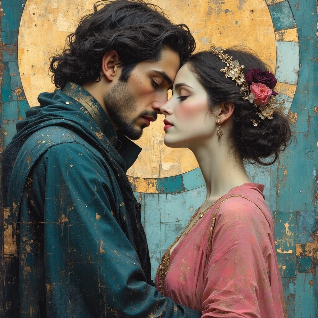 Embracing Couple with Golden Halo in Art Nouveau Style