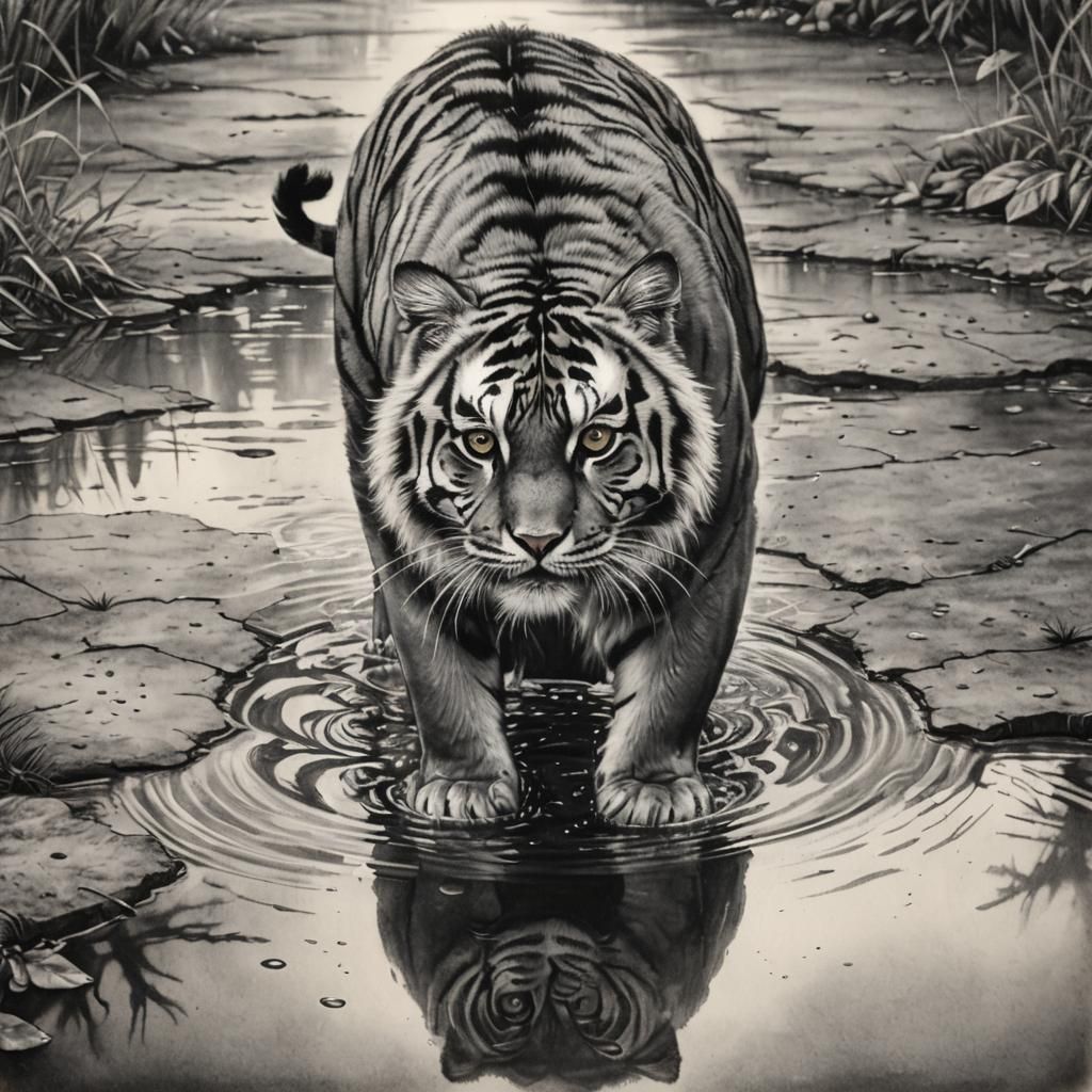 Cat Sees Tiger Reflection: Hyperdetailed Charcoal Art