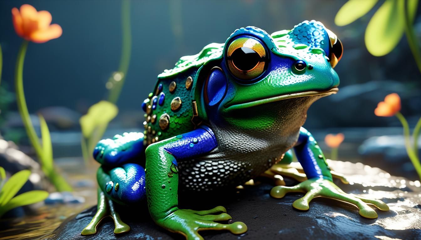 Peacock-Frog Hybrid in 3D Game Cinematic Style