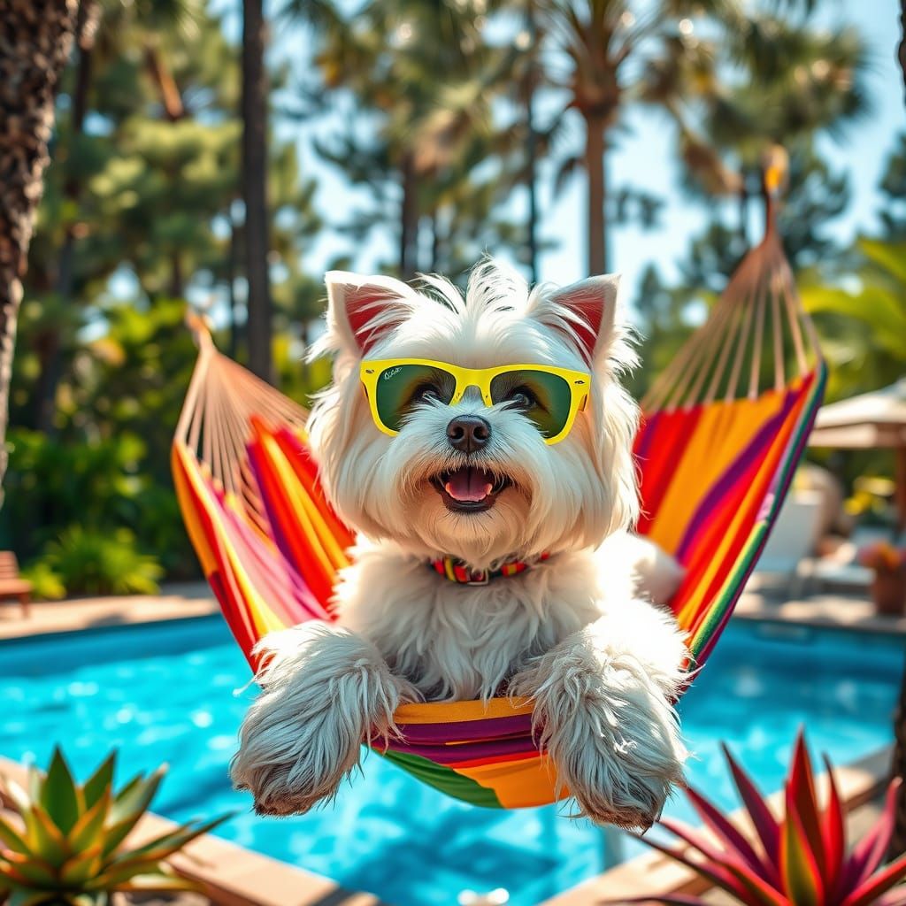 Vibrant Summer Campsite Scene with Playful White Dog in Retr...