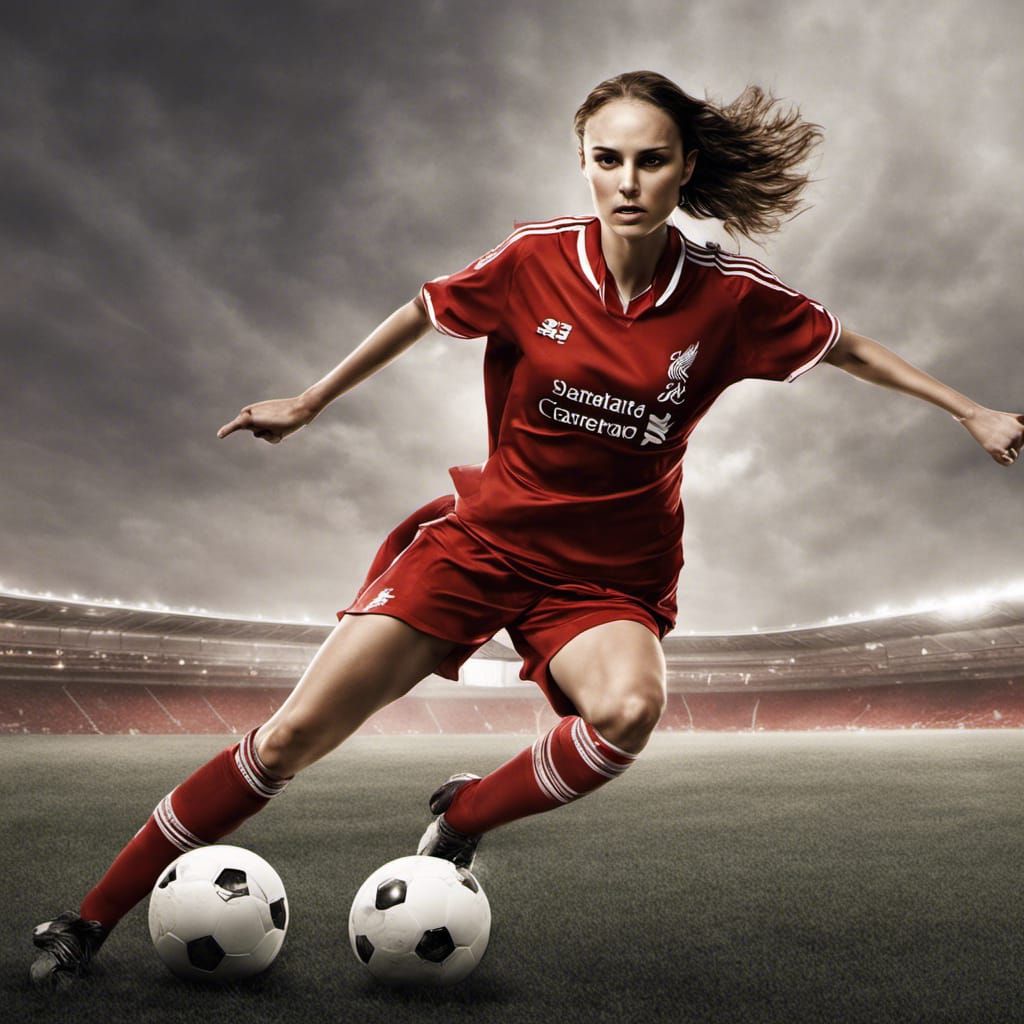Hyperrealistic Natalie Portman Playing Soccer for Liverpool