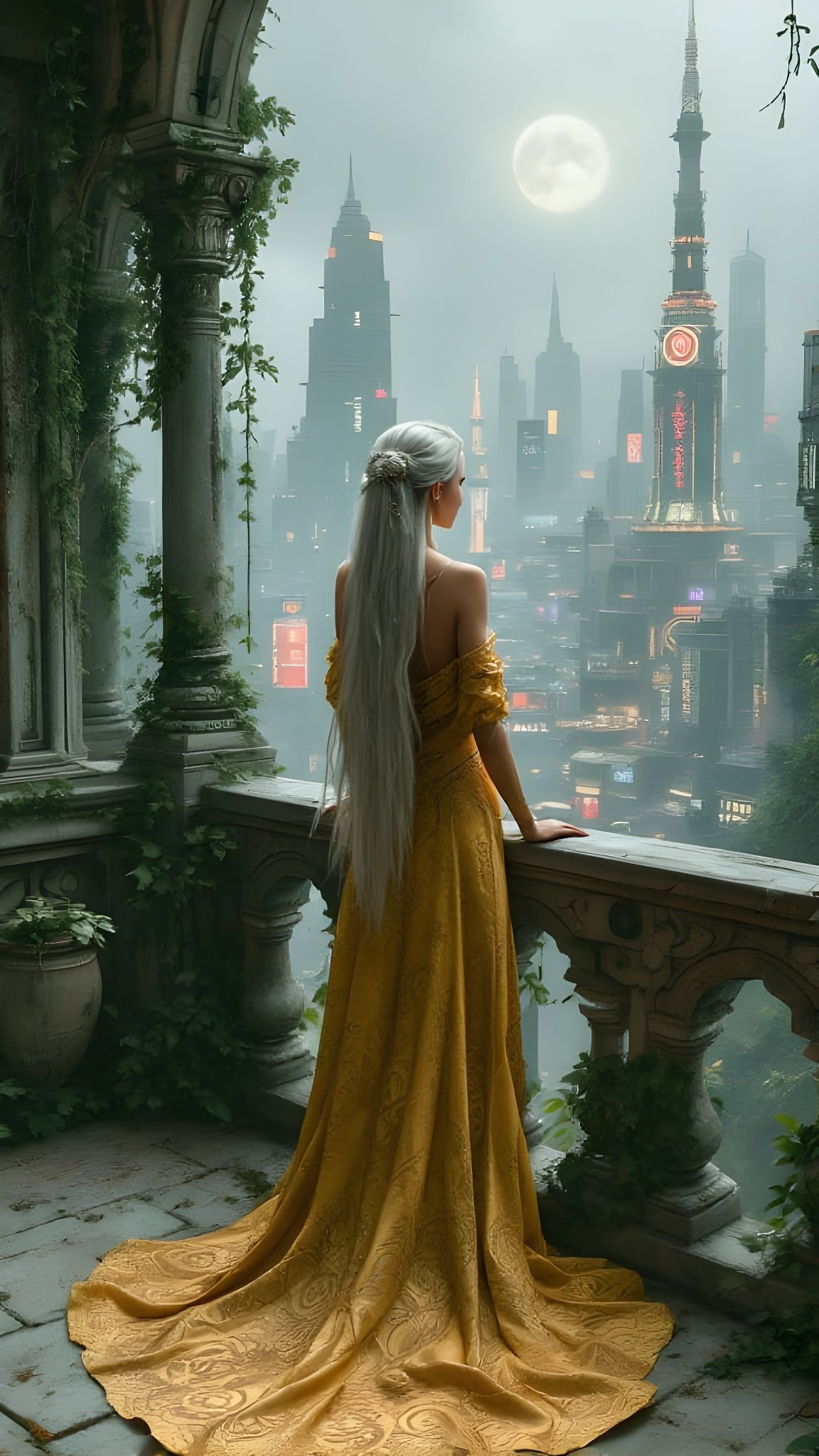 Silver-Haired Warrior in Futuristic Ghibli Cityscape