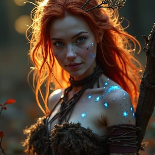 Halfling Druid with Fiery Hair and Moonlight Markings