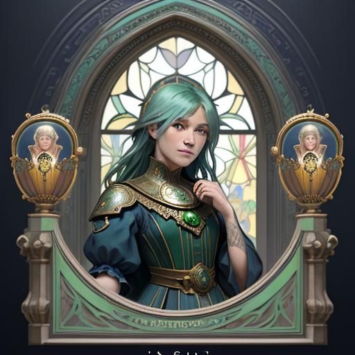 Art Nouveau Lady with Green and Blue Hair