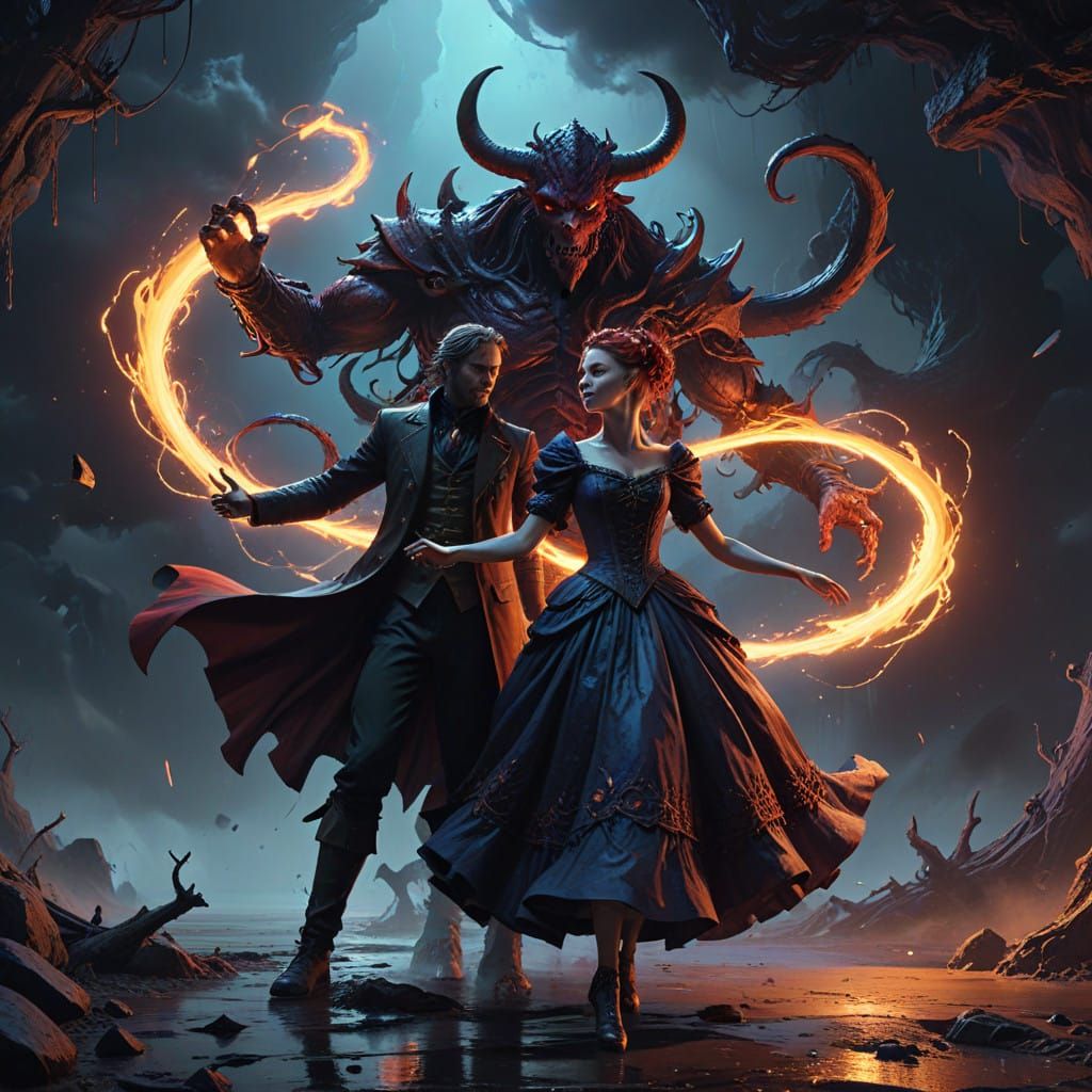 Victorian-Era Hero Dances with a Crimson Devil in a Swirling...