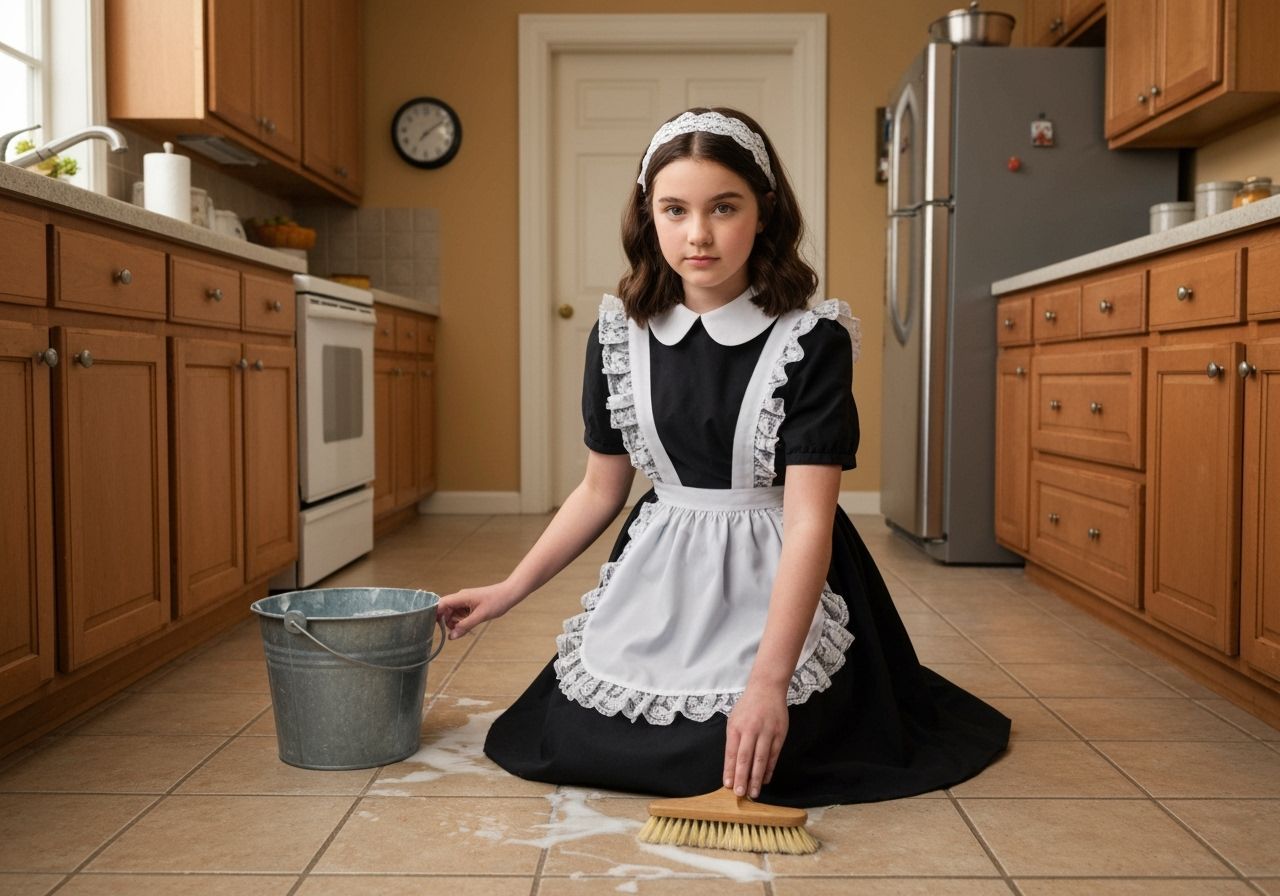 Teenage Girl Cleans Kitchen in Professional Photo Style