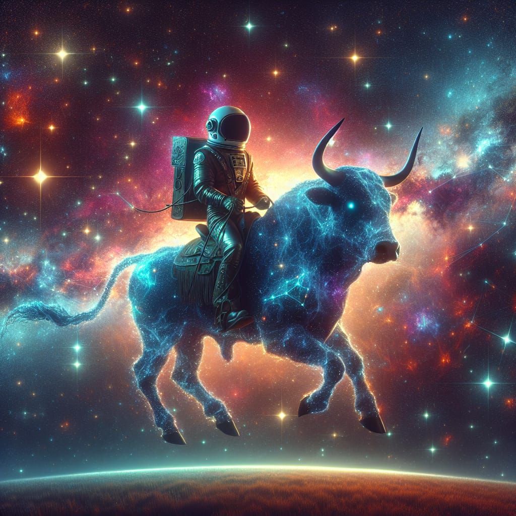 Sci-Fi Cowboy Rides Taurus Constellation in 8k