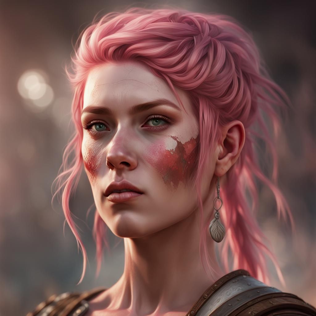 Viking Woman Portrait with Pink Hair, Detailed Art