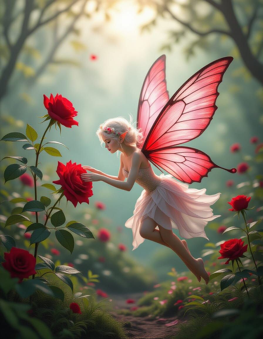 Fairy with Crimson Wings Touches Rose in Magical Forest