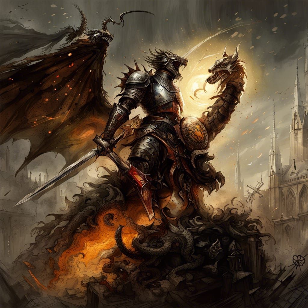 St George Battles Dragon in Gothic Dark Fantasy Style