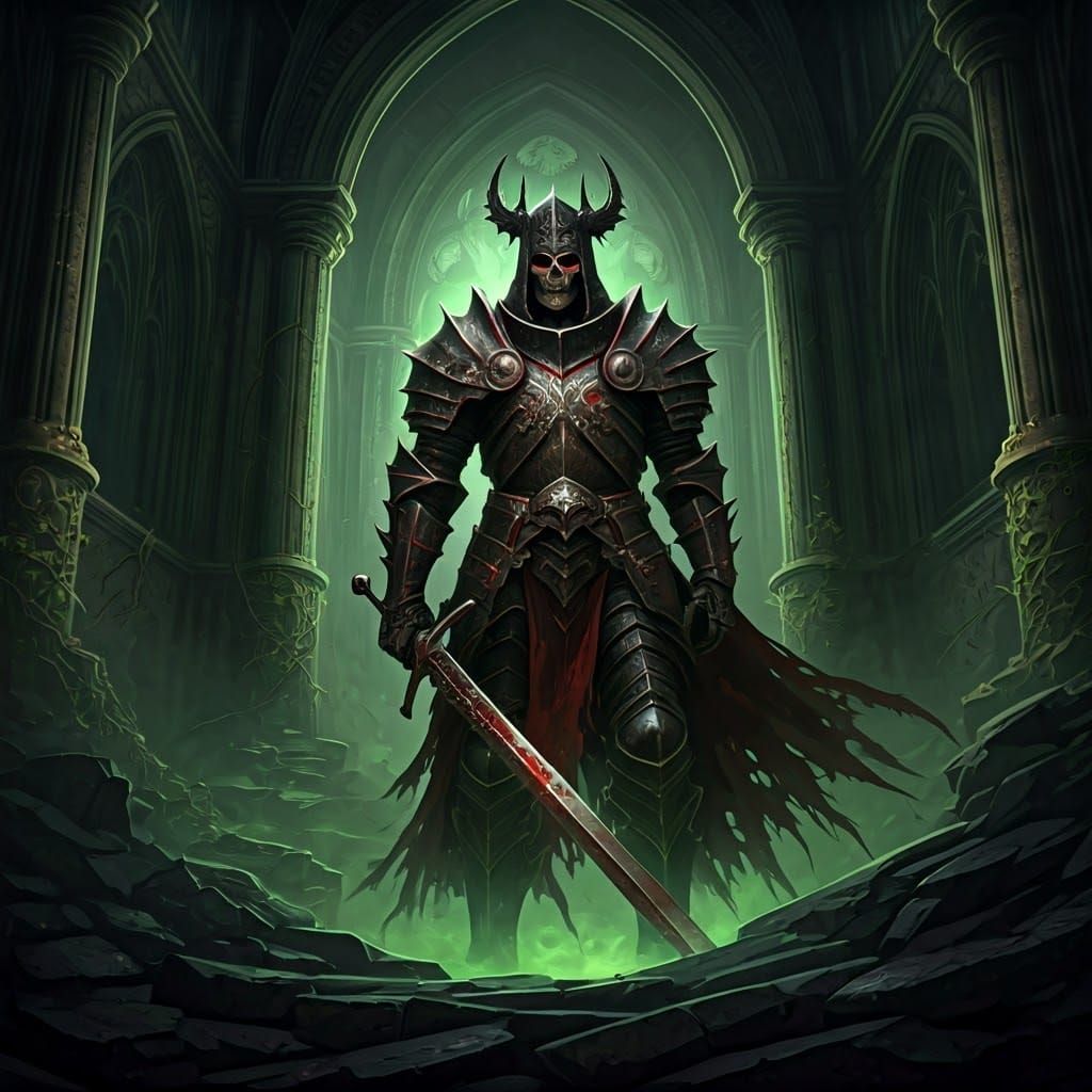 Gothic Death Knight in Ruins, Crimson Armor and Bony Hand wi...