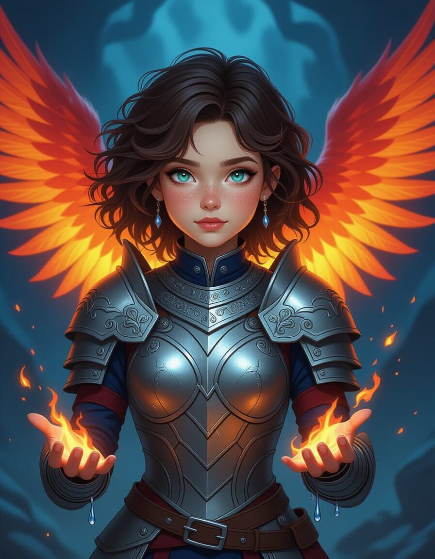 Fantasy Warrior Girl with Fiery Phoenix Wings