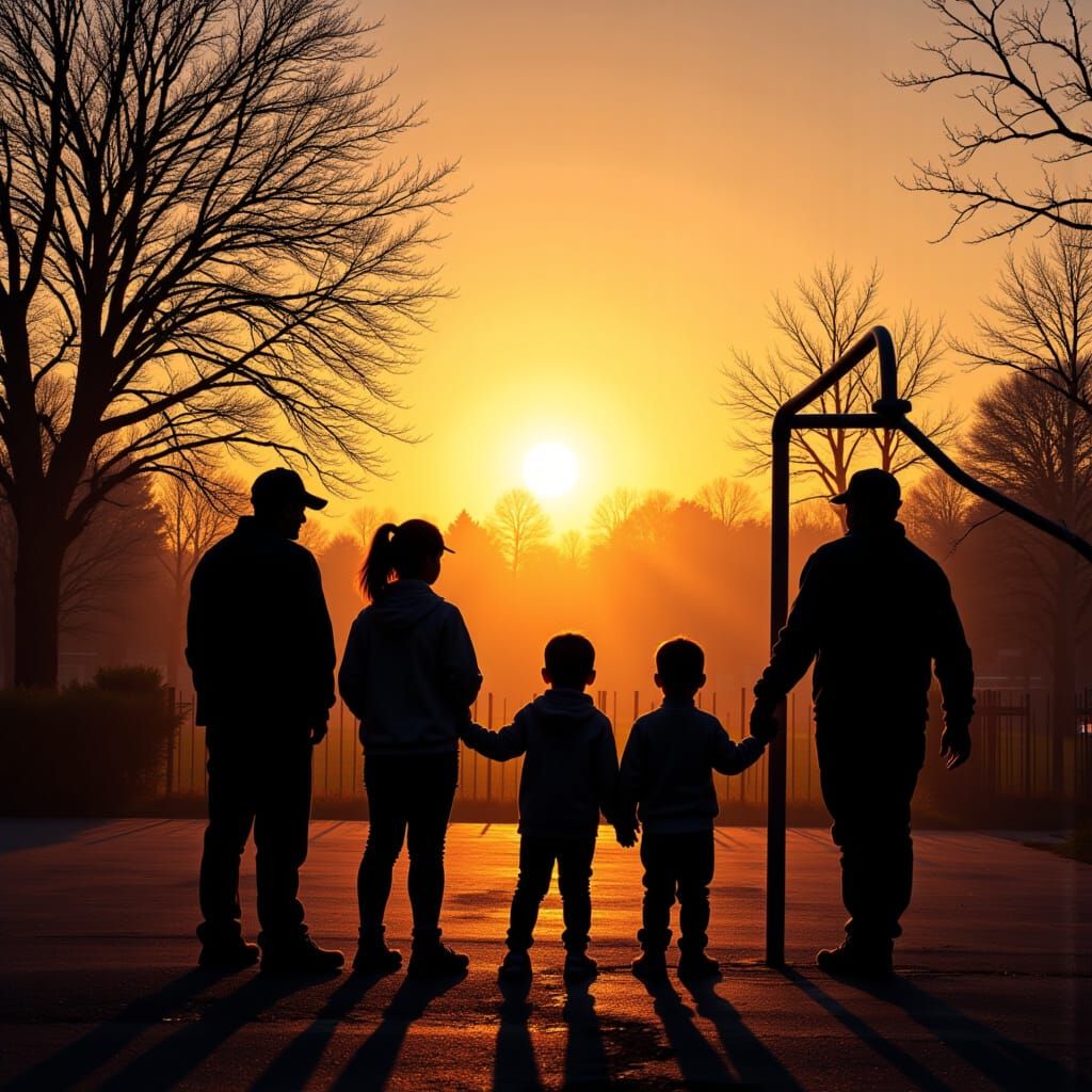 Backlit Silhouette of Parents Watching Children at Sunrise