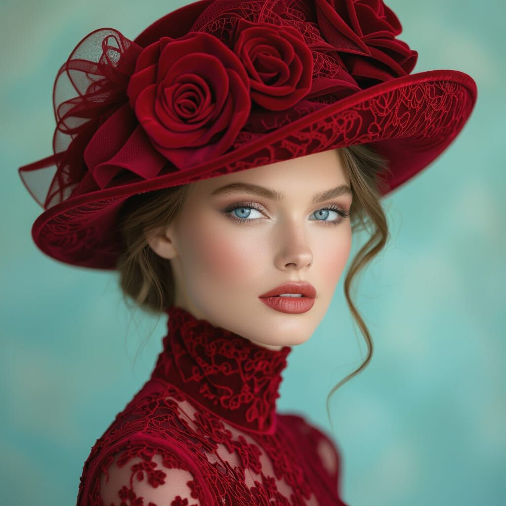 Elegant Model in Red Velvet Hat and Dress