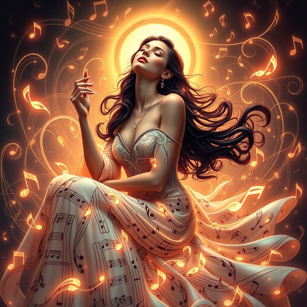 Woman on Flying Music Note in Art Nouveau Style