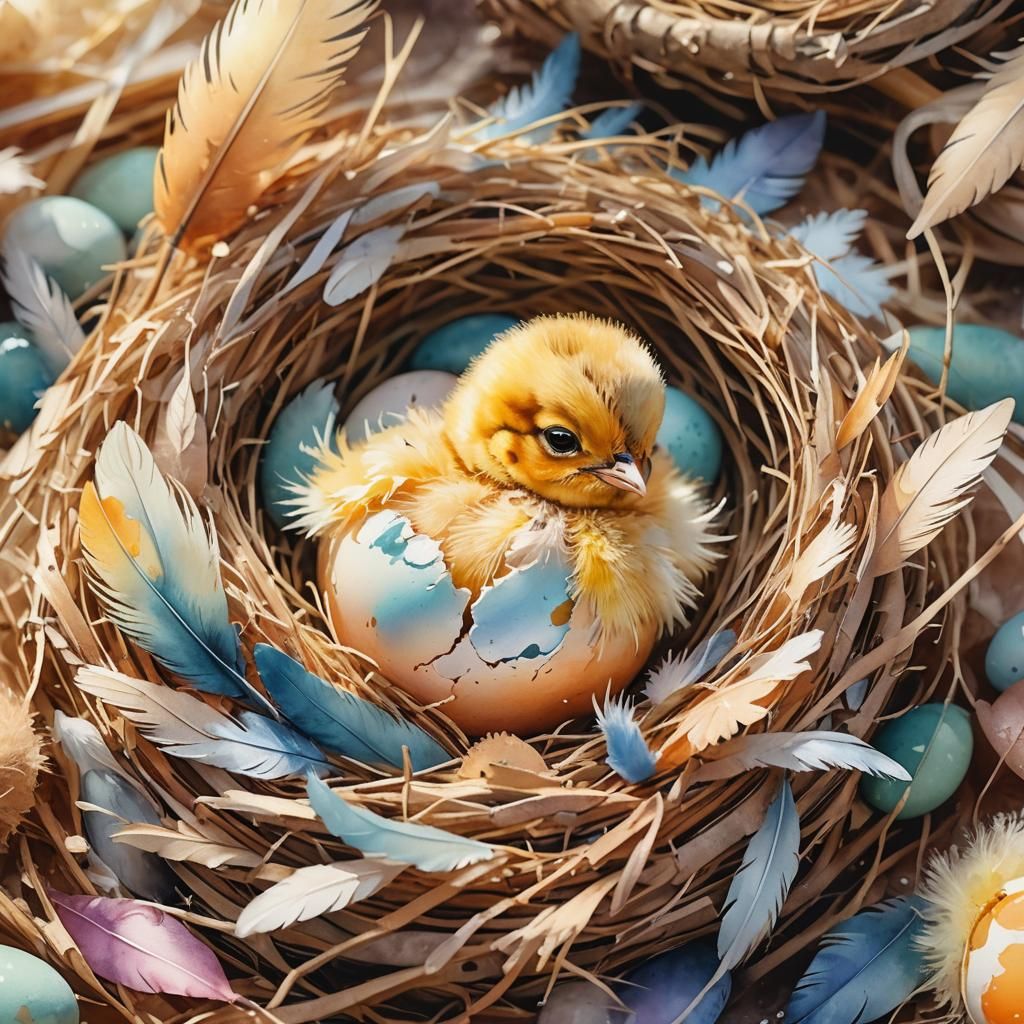 Chick Hatching: Vibrant Watercolor Illustration of New Life