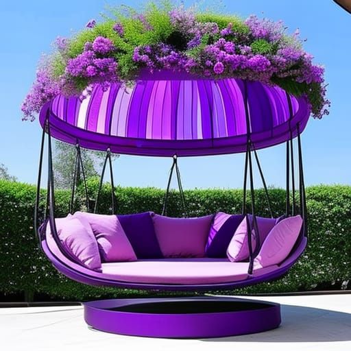 Ethereal purple and Lavender Gothic Round Swing Bed with Pergola Roof and flower Planters& gothic vibes& ethereal vibes&...