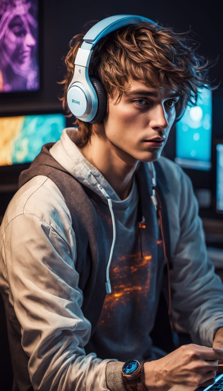 Teenage Boy Studying with Headphones in Fine Art Style