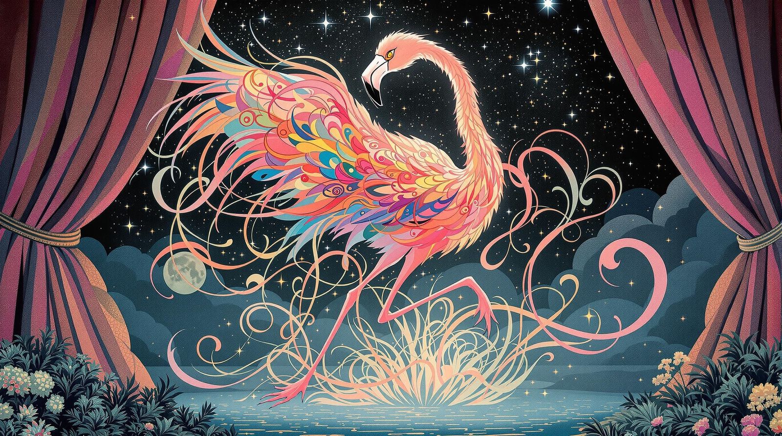 Surreal Flamingo Dances Under Starry Midnight Sky