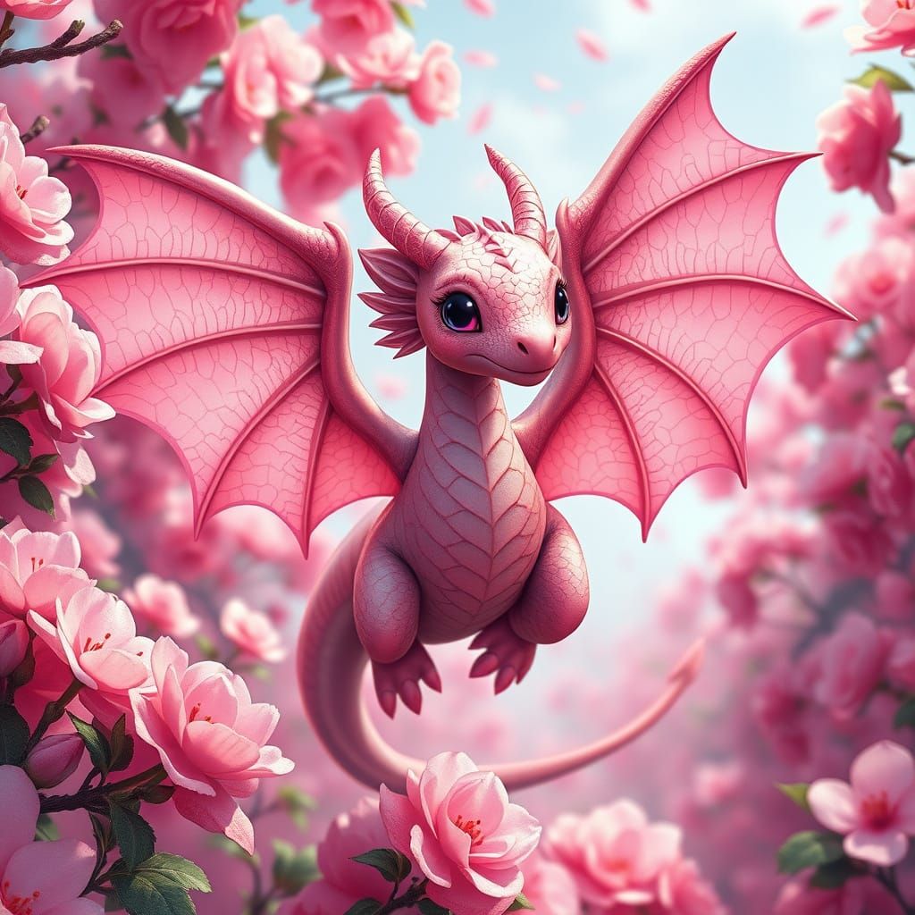Pink Dragon Soars in Vibrant Flower Forest