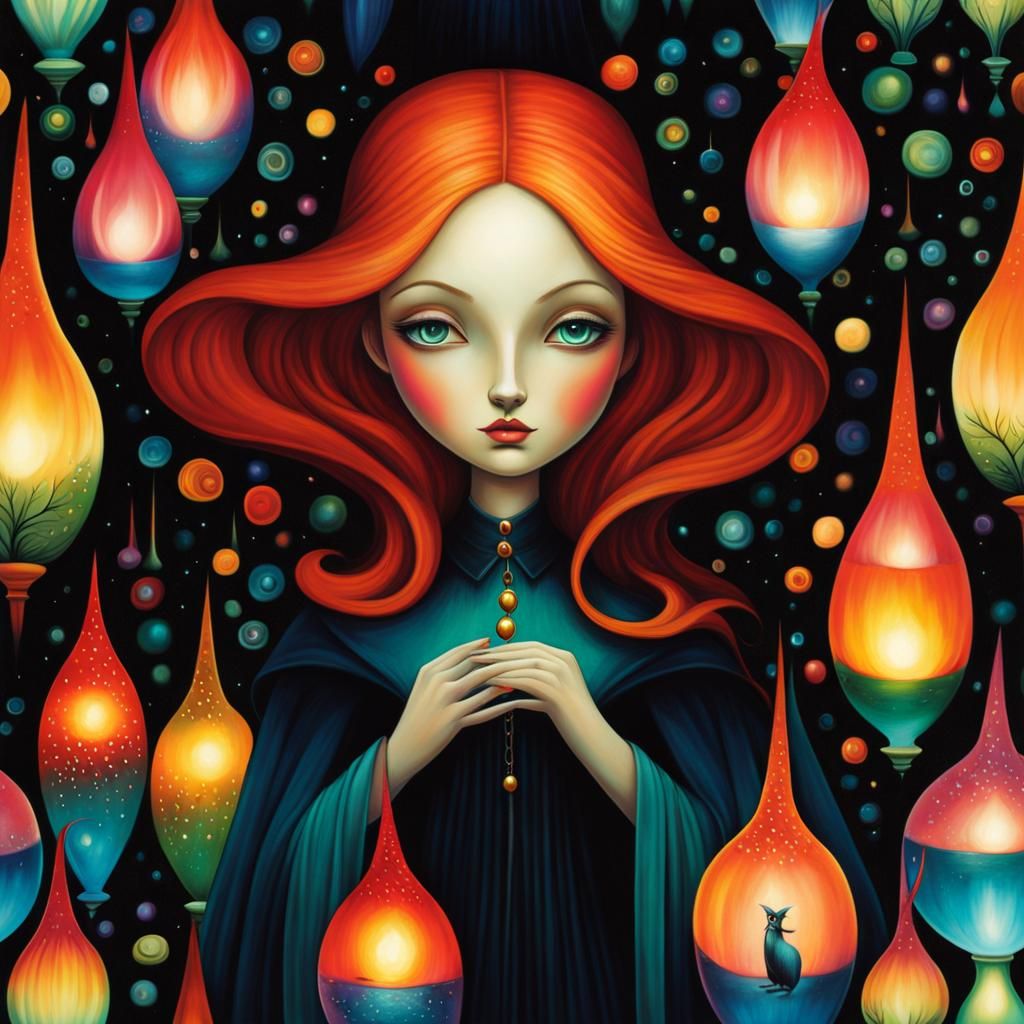 Mysterious Witch Surrounded by Floating Lava Lamps