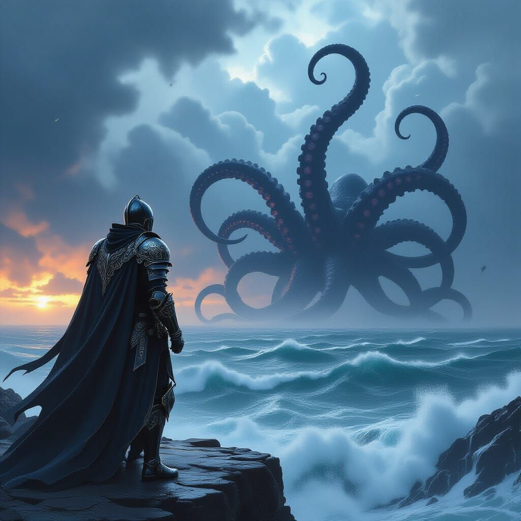 Knight and Kraken at World's End in Fantasy Style