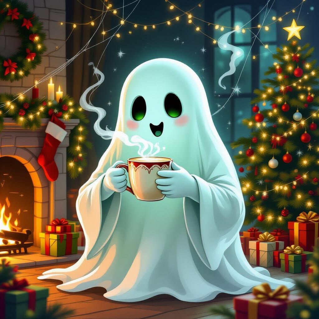 Ethereal Ghost Enjoys Eggnog at Cozy Christmas Party
