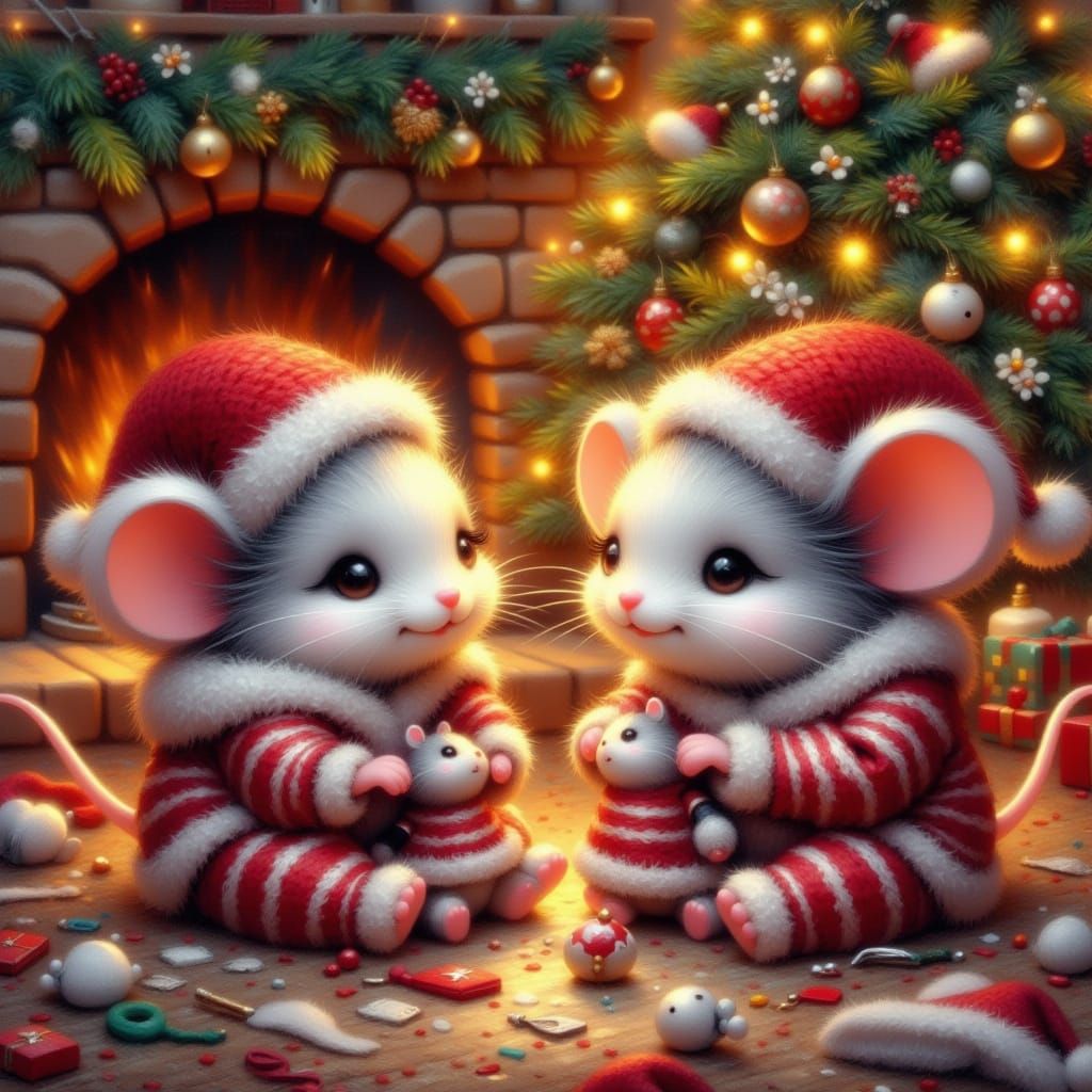 Mice in Pajamas Decorating Dolls Under Christmas Tree