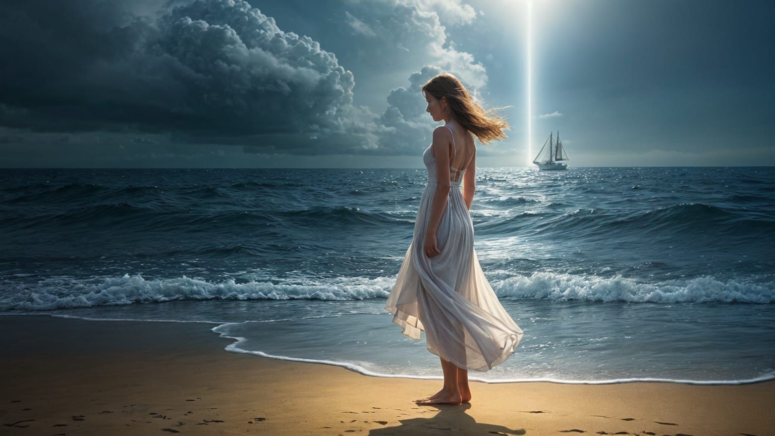 Woman on Beach at Edge of World in Golden Light