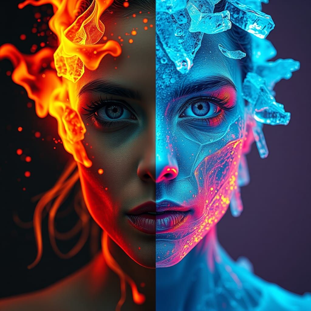 Fire and Ice Woman Portrait in Hyperrealistic Style