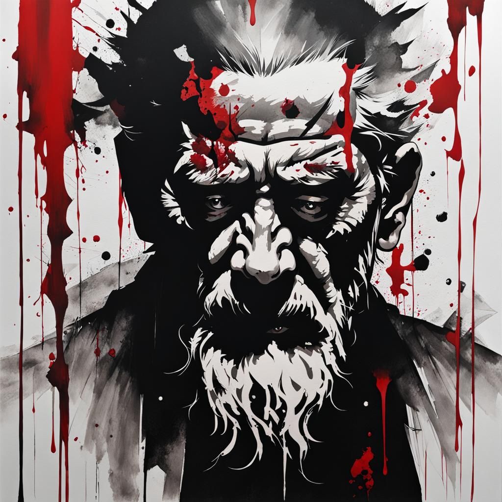 Monochrome Ink of Injured Man in Dramatic Lighting