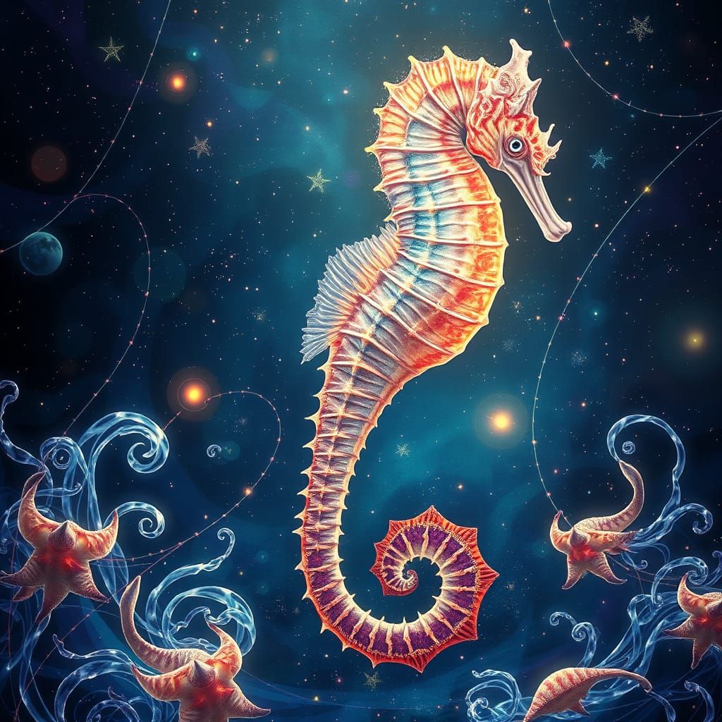 Vibrant Astral Seahorse in Cosmic Mixed Media