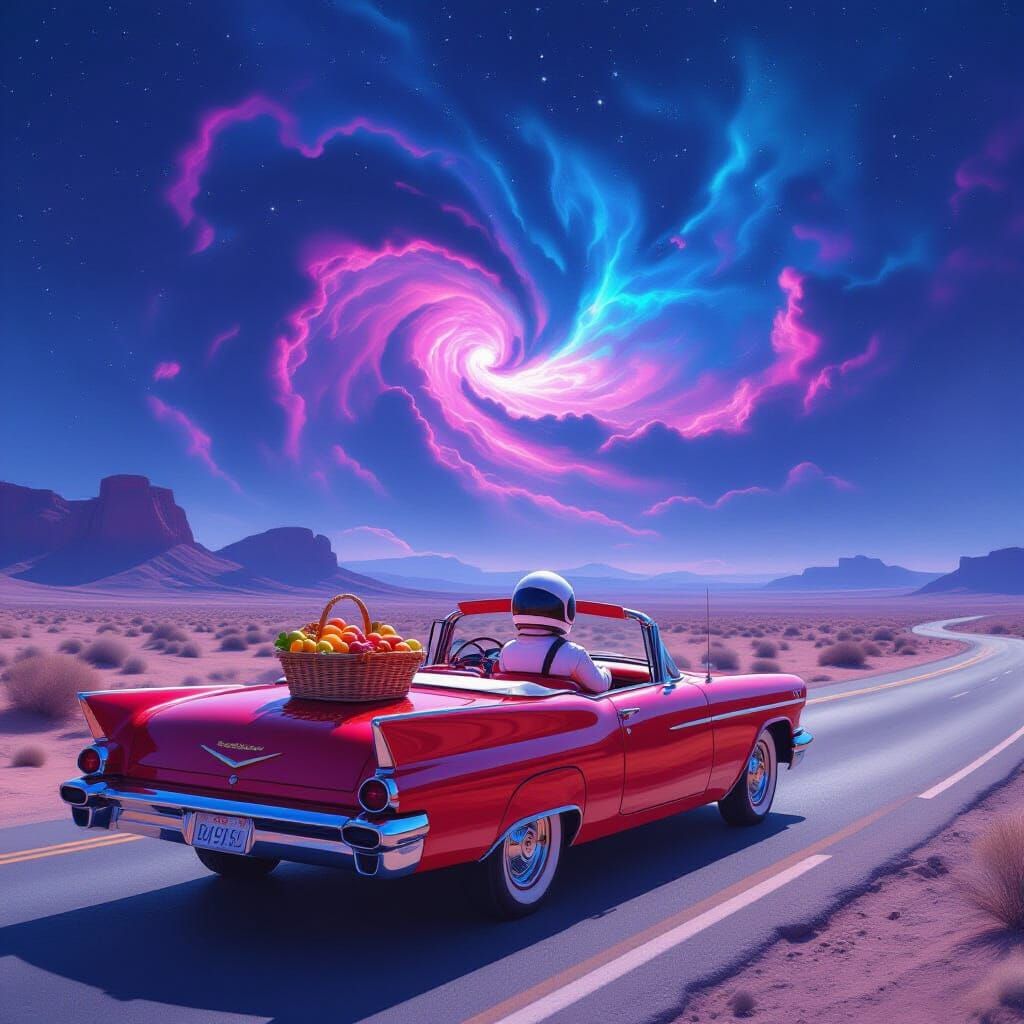 Astronaut's Cosmic Road Trip with Alien Fruits