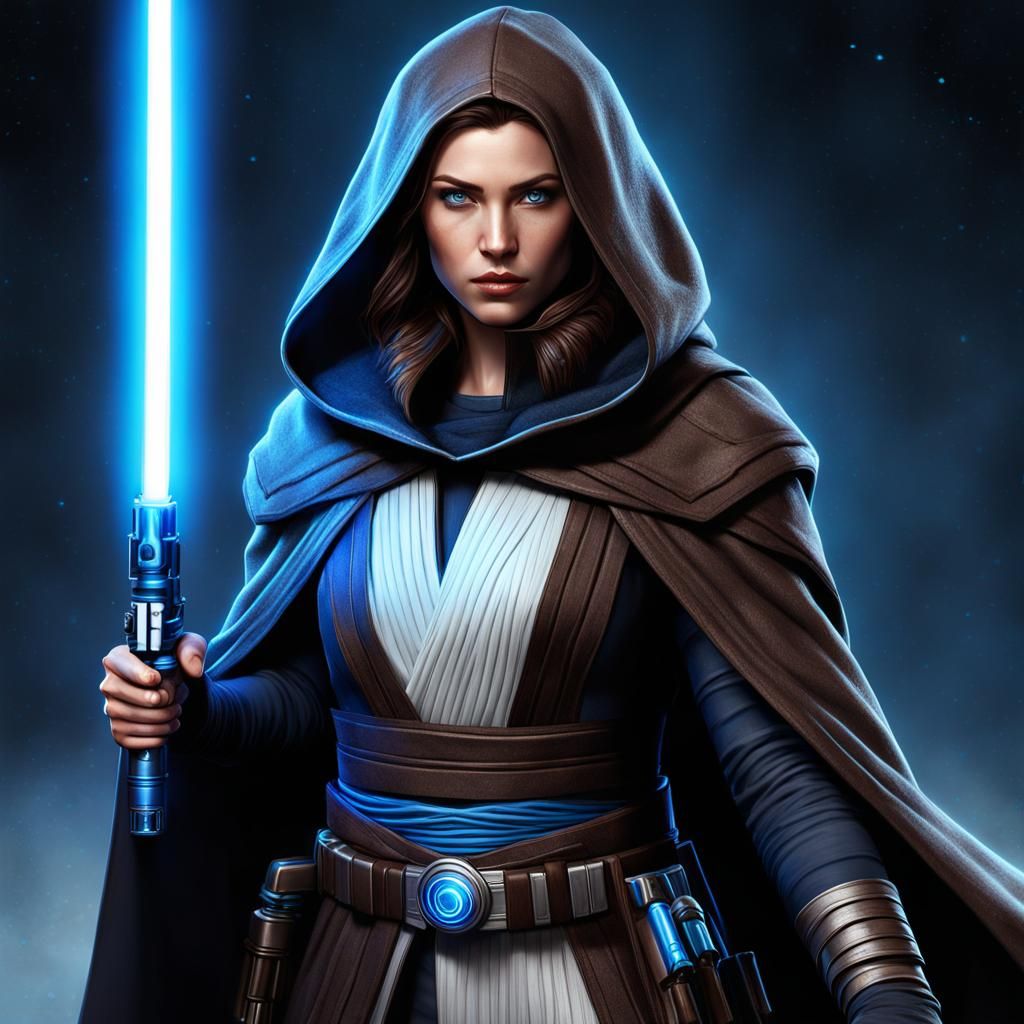 Jedi Jaina Solo with Blue Lightsaber, Detailed Painting
