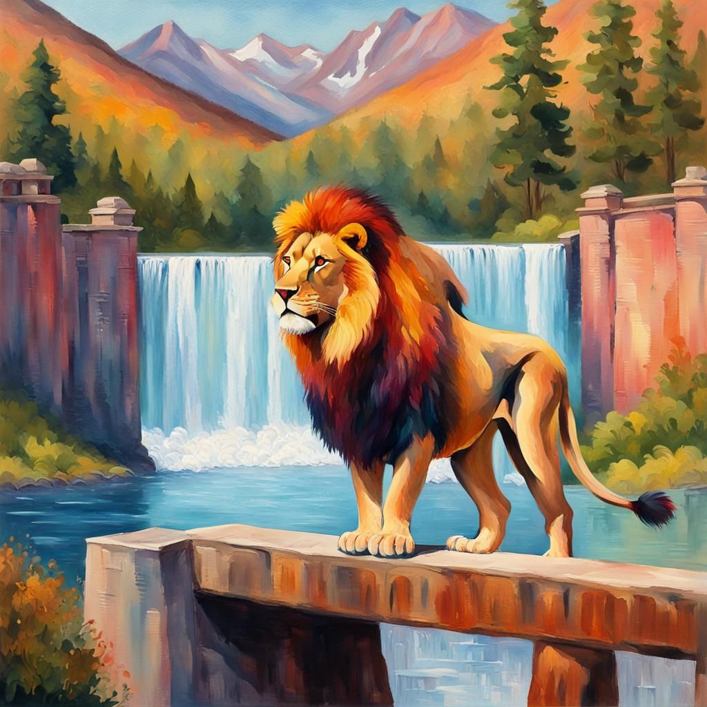 Lion at Waterfall: Gouache and Watercolor Impression