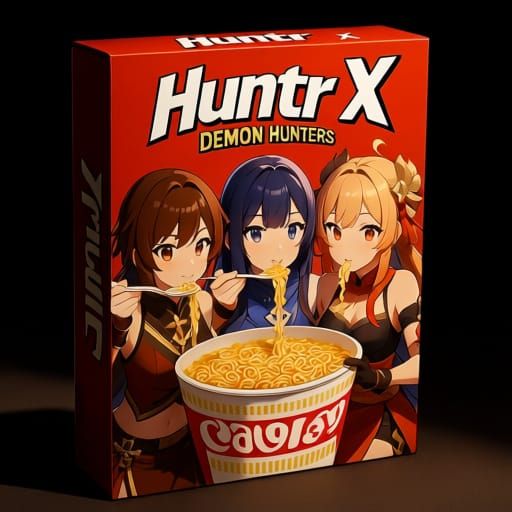 Huntr/X K-Pop Group on Cereal Box in 3D Anime Style