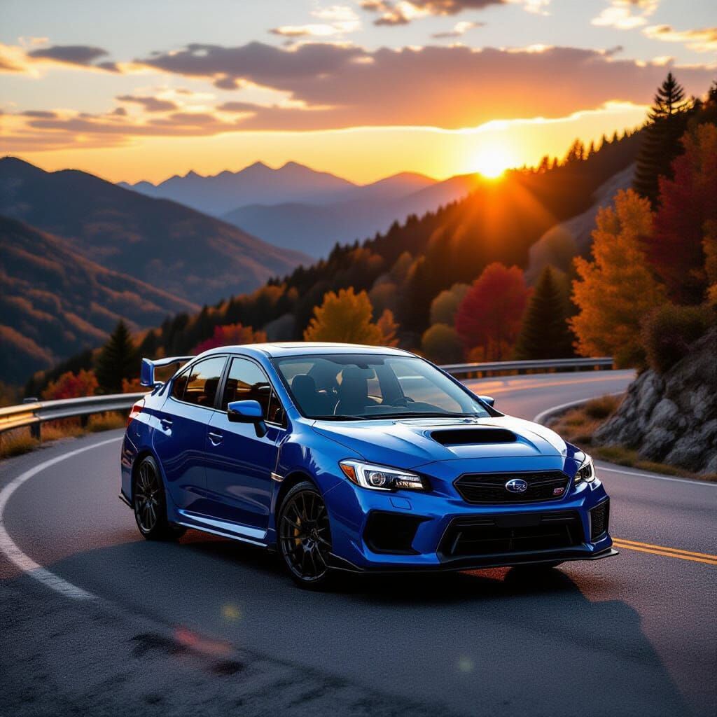 Subaru WRX STI on Autumn Mountain Road at Sunset