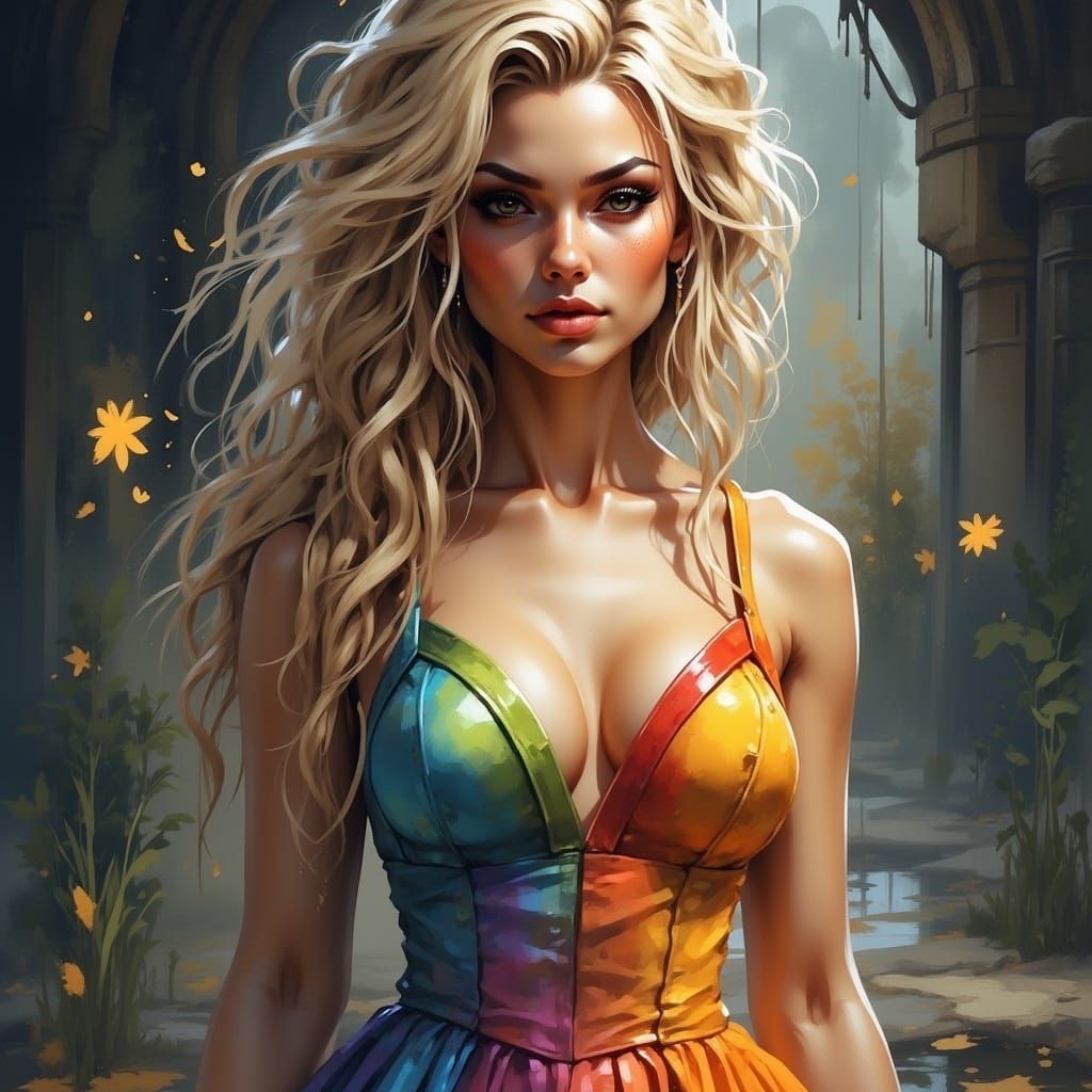 Freckled Blonde in Rainbow Dress on Floating Islands