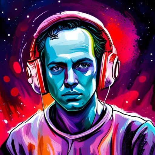 Person Wearing Headphones in Space as Graffiti Art