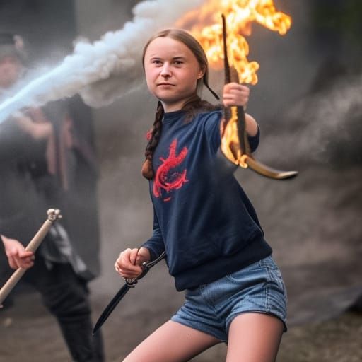 Woman Fighting Dragon with Sword in Fantasy Scene