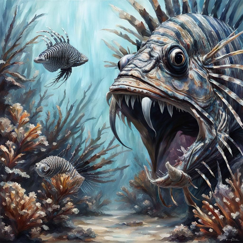 Lionfish Swallowing Betta Fish: Grotesque Impressionist Mast...